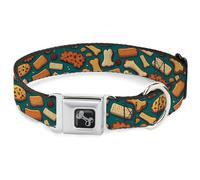 Buckle-Down Pet Collar, Dog Collar Metal Seatbelt Buckle, Dog Bone and Biscuit Treats Scattered Blue Browns, 16 to 23 Inches 1.5 Inch Wide