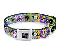 Buckle-Down Pet Collar, Dog Collar Metal Seatbelt Buckle, Funky Alien Flowers Aqua Blue Multi Color, 13 to 17 Inches 1.5 Inch Wide