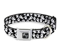 Buckle-Down Pet Collar, Dog Collar Metal Seatbelt Buckle, Ghosts Poses Scattered Black White, 11 to 16.5 Inches 1.0 Inch Wide