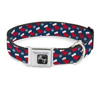 Buckle-Down Pet Collar, Dog Collar Metal Seatbelt Buckle, Holiday Christmas Stocking and Snowflake Blue Whitered, 16 to 23 Inches 1.5 Inch Wide