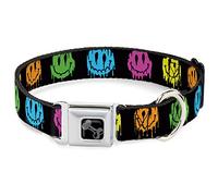 Buckle-Down Pet Collar, Dog Collar Metal Seatbelt Buckle, Smiley Face Melted Repeat Black Multi Neon, 11 to 16.5 Inches 1.0 Inch Wide
