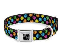 Buckle-Down Pet Collar, Dog Collar Metal Seatbelt Buckle, Smiley Faces Melted Mini Repeat Angle Black Multi Neon, 16 to 23 Inches 1.5 Inch Wide