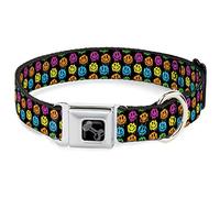 Buckle-Down Pet Collar, Dog Collar Metal Seatbelt Buckle, Smiley Faces Melted Mini Repeat Black Multi Neon, 9.5 to 13 Inches 1.0 Inch Wide