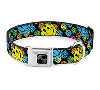 Buckle-Down Pet Collar, Dog Collar Metal Seatbelt Buckle, Smiley Faces Melted Stacked Black Multi Neon, 16 to 23 Inches 1.5 Inch Wide