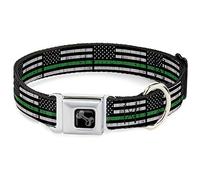 Buckle-Down Pet Collar, Dog Collar Metal Seatbelt Buckle, Thin Green Line Flag Weathered Black Gray Green, 16 to 23 Inches 1.5 Inch Wide