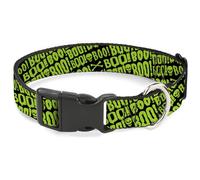 Buckle-Down Pet Collar, Dog Collar Plastic Buckle, Boo Text Skull and Crossbones Black Green, 9.5 to 13 Inches 1.0 Inch Wide