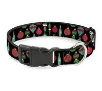 Buckle-Down Pet Collar, Dog Collar Plastic Buckle, Christmas Holiday Finial Bauble Ornaments Black Reds Greens, 8.5 to 12 Inches 0.5 Inch Wide