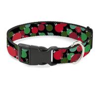 Buckle-Down Pet Collar, Dog Collar Plastic Buckle, Christmas Holiday Globe Ball Ornaments Black Reds Greens, 7 to 8.5 Inches 0.5 Inch Wide