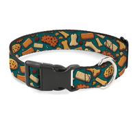 Buckle-Down Pet Collar, Dog Collar Plastic Buckle, Dog Bone and Biscuit Treats Scattered Blue Browns, 8.5 to 12 Inches 0.5 Inch Wide