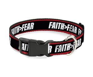 Buckle-Down Pet Collar, Dog Collar Plastic Buckle, Faith Greater Than Fear Stripe Red Black White, 15 to 24 Inches 1.0 Inch Wide