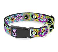 Buckle-Down Pet Collar, Dog Collar Plastic Buckle, Funky Alien Flowers Aqua Blue Multi Color, 16 to 23 Inches 1.5 Inch Wide