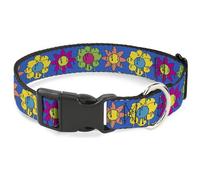 Buckle-Down Pet Collar, Dog Collar Plastic Buckle, Funky Flower Drip Blue Multi Color, 7 to 8.5 Inches 0.5 Inch Wide