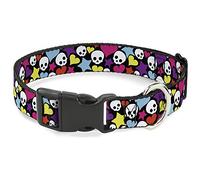 Buckle-Down Pet Collar, Dog Collar Plastic Buckle, Funky Skulls Hearts Stars Black Multi Color, 7 to 8.5 Inches 0.5 Inch Wide