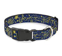 Buckle-Down Pet Collar, Dog Collar Plastic Buckle, Harmony Balance Life Icons Collage Blue Yellow, 9.5 to 13 Inches 1.0 Inch Wide