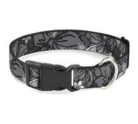 Buckle-Down Pet Collar, Dog Collar Plastic Buckle, Hibiscus Collage Gray Shades, 9.5 to 13 Inches 1.0 Inch Wide