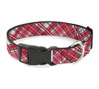 Buckle-Down Pet Collar, Dog Collar Plastic Buckle, Holiday Christmas Plaid Diagonal White Red Black, 16 to 23 Inches 1.5 Inch Wide