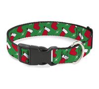 Buckle-Down Pet Collar, Dog Collar Plastic Buckle, Holiday Christmas Stocking and Star Green Whitered, 9.5 to 14.5 Inches 0.5 Inch Wide