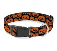 Buckle-Down Pet Collar, Dog Collar Plastic Buckle, Jack O Lantern Pumpkin Expressions Black Orange, 16 to 23 Inches 1.5 Inch Wide