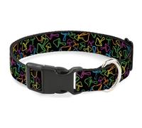 Buckle-Down Pet Collar, Dog Collar Plastic Buckle, Mushroom Outline Scattered Black Multi Neon, 7 to 8.5 Inches 0.5 Inch Wide