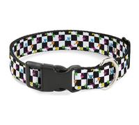 Buckle-Down Pet Collar, Dog Collar Plastic Buckle, Mushrooms Scattered Checker Black White Multi Neon, 7 to 8.5 Inches 0.5 Inch Wide