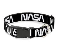 Buckle-Down Pet Collar, Dog Collar Plastic Buckle, NASA Text Black White, 8.5 to 12 Inches 0.5 Inch Wide