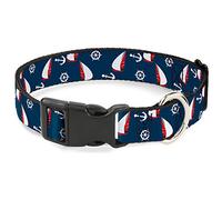 Buckle-Down Pet Collar, Dog Collar Plastic Buckle, Sailboat Anchor Helm Scattered Navy White Red, 9.5 to 14.5 Inches 0.5 Inch Wide