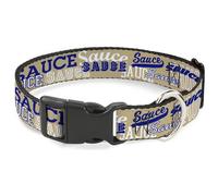 Buckle-Down Pet Collar, Dog Collar Plastic Buckle, Sauce Typography Collage Tan White Blue, 11 to 16.5 Inches 1.0 Inch Wide