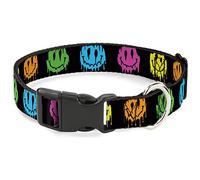 Buckle-Down Pet Collar, Dog Collar Plastic Buckle, Smiley Face Melted Repeat Black Multi Neon, 8.5 to 12 Inches 0.5 Inch Wide