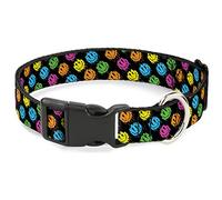 Buckle-Down Pet Collar, Dog Collar Plastic Buckle, Smiley Faces Melted Mini Repeat Angle Black Multi Neon, 9.5 to 14.5 Inches 0.5 Inch Wide