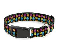 Buckle-Down Pet Collar, Dog Collar Plastic Buckle, Smiley Faces Melted Mini Repeat Black Multi Neon, 9.5 to 14.5 Inches 0.5 Inch Wide