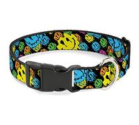 Buckle-Down Pet Collar, Dog Collar Plastic Buckle, Smiley Faces Melted Stacked Black Multi Neon, 8.5 to 12 Inches 0.5 Inch Wide