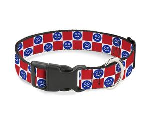 Buckle-Down Pet Collar, Dog Collar Plastic Buckle, Smiley Sad Face Checker Red White Blue, 9.5 to 13 Inches 1.0 Inch Wide