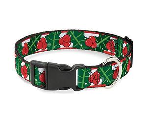Buckle-Down Pet Collar, Dog Collar Plastic Buckle, Snowy Holly Stripe Reds White Greens, 20 to 31 Inches 1.5 Inch Wide