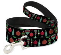 Buckle-Down Pet Leash, Dog Leash, Christmas Holiday Finial Bauble Ornaments Black Reds Greens, 6 Feet Long 0.5 Inch Wide