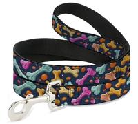 Buckle-Down Pet Leash, Dog Leash, Dog Bone Treats Scattered Blue Multi Color, 4 Feet Long 1.5 Inch Wide