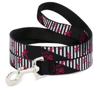 Buckle-Down Pet Leash, Dog Leash, Love Me Sketch Stars Stripes Black White Fuchsia, 6 Feet Long 1.5 Inch Wide