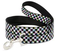 Buckle-Down Pet Leash, Dog Leash, Mushrooms Scattered Checker Black White Multi Neon, 4 Feet Long 0.5 Inch Wide