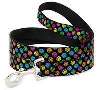 Buckle-Down Pet Leash, Dog Leash, Smiley Faces Melted Mini Repeat Angle Black Multi Neon, 6 Feet Long 1.5 Inch Wide