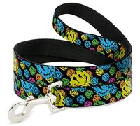 Buckle-Down Pet Leash, Dog Leash, Smiley Faces Melted Stacked Black Multi Neon, 6 Feet Long 1.5 Inch Wide
