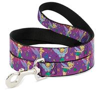 Buckle-Down Pet Leash - Tinker Bell Poses/Flowers/Stars/Skull Purple - 4 Feet Long - 1.5" Wide