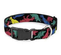 Buckle Down Plastic Clip Collar - Dinosaurs Black/Multi Color - 1" Wide - Fits 11-17" Neck - Medium