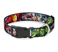 Buckle-Down Plastic Clip Collar - Marvel Avengers 4-Superhero Poses CLOSE-UP - 1.5" Wide - Fits 16-23" Neck - Medium