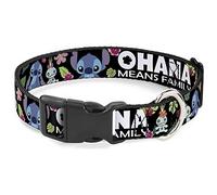 Buckle-Down Plastic Clip Collar - OHANA MEANS FAMILY/Stitch & Scrump Poses/Tropical Flora Black/White/Multi Color - 1" Wide - Fits 11-17" Neck - Medium