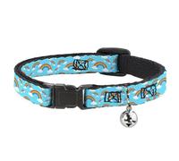 Buckle Down Rainbows Scattered Blue Breakaway Cat Accessories Pet Collar with Bell, Plastic Clip, Easy Adjustable- 8.5 to 12 Inches 0.5 Inch Wide