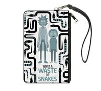 Buckle-Down Rick and Morty Wallet, Zip Clutch, Rick and Morty What a Waste of Snakes Pose White Black Blue, Canvas, L, Casual