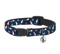 Buckle-Down Sailboat Anchor Helm, Breakaway Cat Collar with Bell, Plastic Clip, Easy Adjustable, 8.5 to 12"-0.5" Wide