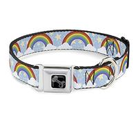 Buckle-Down Seatbelt Buckle Collar, Rainbows and Stars Light Blue/Yellow/Rainbow, 18 to 32 Neck Size x 1.5 Inch Width