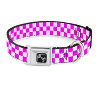 Buckle-Down Seatbelt Buckle Dog Collar | Checker Fuchsia Pink White Durable Metal Adjustable ID Tag Ring