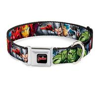 Buckle-Down Seatbelt Buckle Dog Collar - Marvel Avengers 4-Superhero Poses CLOSE-UP - 1" Wide - Fits 15-26" Neck - Large