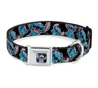Buckle-Down Seatbelt Buckle Dog Collar - Stitch Poses/Hibiscus Sketch Black/Gray/Blue - 1.5" Wide - Fits 16-23" Neck - Medium